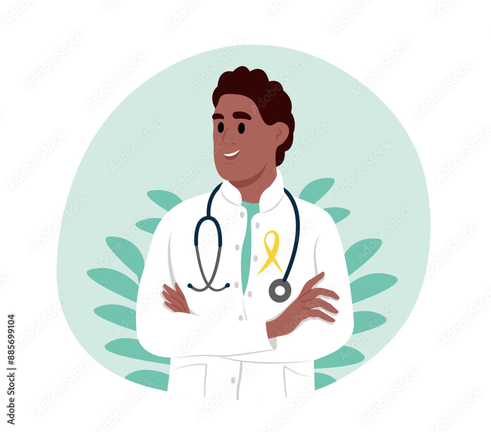 Appendix Cancer Awareness Month. A doctor in a white uniform with an awareness ribbon. Appendix Cancer Awareness Month. A doctor in a white uniform with an awareness ribbon.