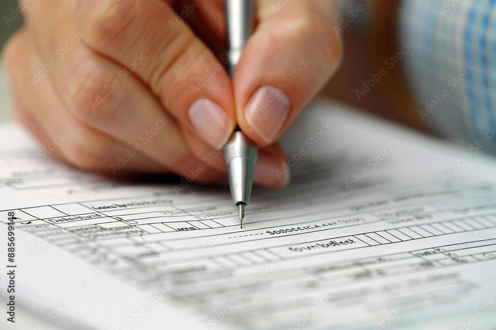 Close-up of a person's hand filling out a social security disability claim form, symbolizing the financial support and security provided by the system. Close-up of a person's hand filling out a social security disability claim form, symbolizing the financial support and security provided by the system.