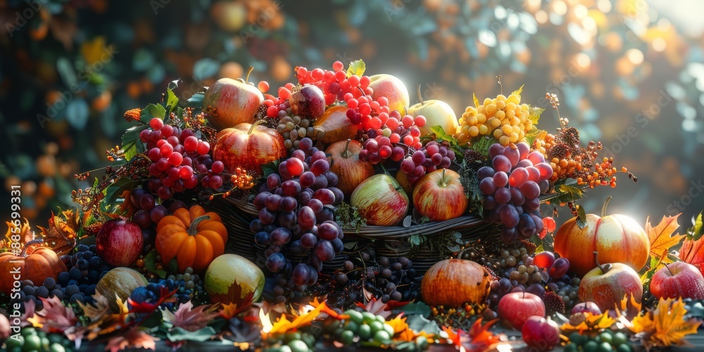 Fototapeta premium Harvest cornucopia display for National Cornucopia Day, November 20th, autumn abundance, festive setup, seasonal produce