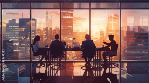 Team Planning Meeting in Office Overlooking Stunning Cityscape at Sunset - Perfect for Corporate and Business Concepts © spyrakot