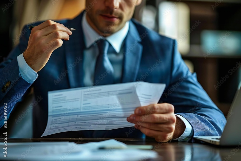 close-up photo of a businessman analyzing a resume at his desk in an office setting. close-up photo of a businessman analyzing a resume at his desk in an office setting.
