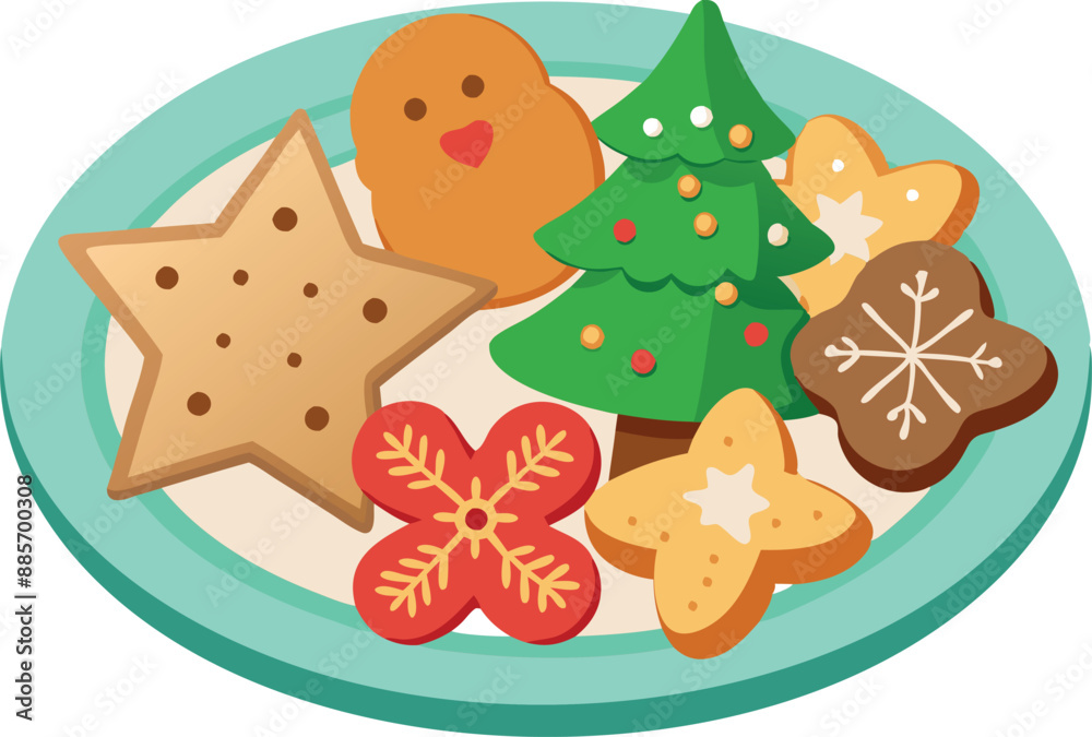 Naklejka premium Colorful Christmas cookies including gingerbread, star shapes, and Christmas tree on a plate. Perfect festive treat for holiday celebrations and seasonal joy.