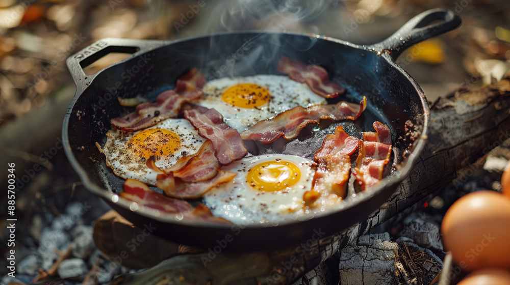 At the campsite in the forest, a traditional breakfast was prepared with bacon and eggs fried in a cast iron pan At the campsite in the forest, a traditional breakfast was prepared with bacon and eggs fried in a cast iron pan
