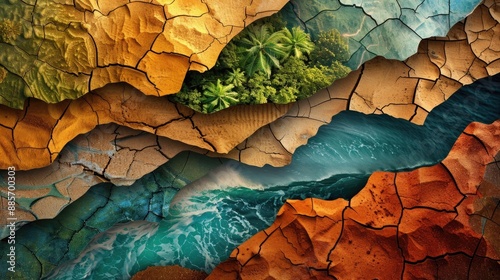An abstract background combining diverse Earth textures such as cracked desert soil, ocean waves, and dense forest canopies, creating a harmonious and colorful collage.