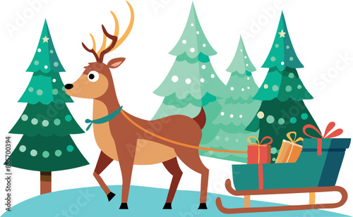 Festive reindeer pulling a sleigh filled with gifts in a snow-covered forest. Perfect for Christmas themes and holiday greetings.