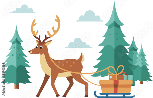 Cartoon reindeer pulling a sleigh with presents through a snowy forest under a cloudy sky