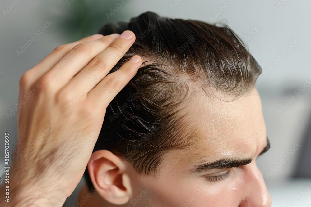 Fototapeta premium close-up shot of a young man checking his hairline at home, showing signs of hair loss.