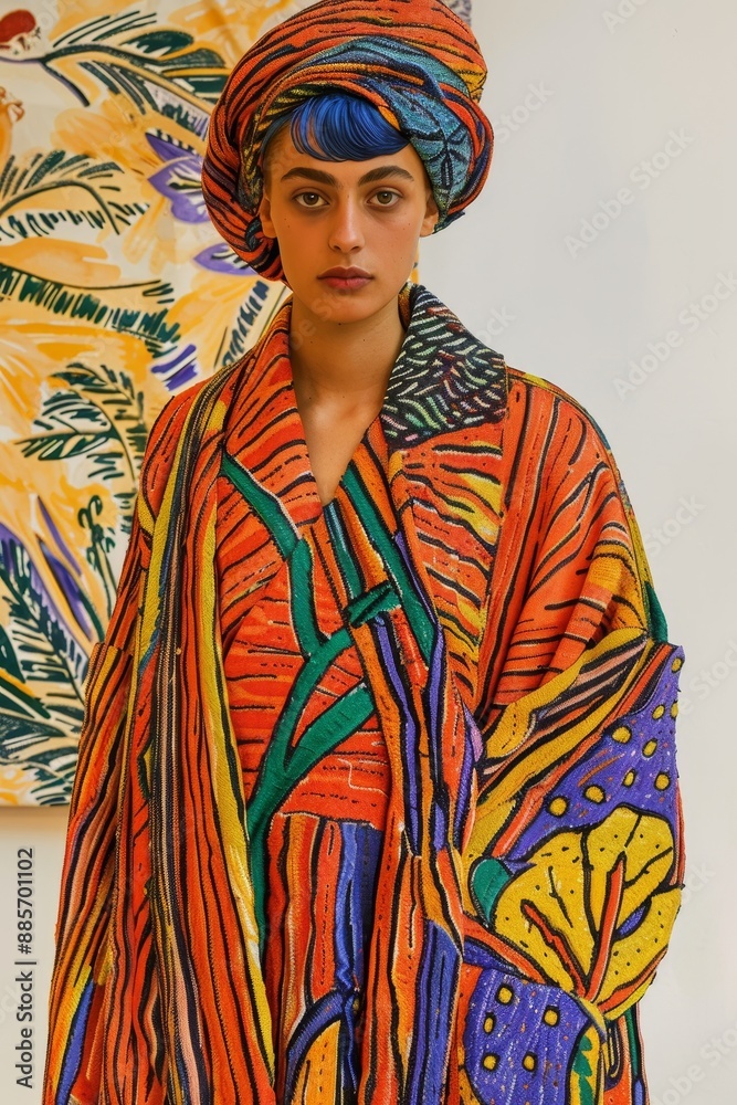 Obraz premium Colorful African-Inspired Fashion Portrait - Vibrant Clothing and Headwrap - Creative Art Background - Ideal for Fashion Magazines