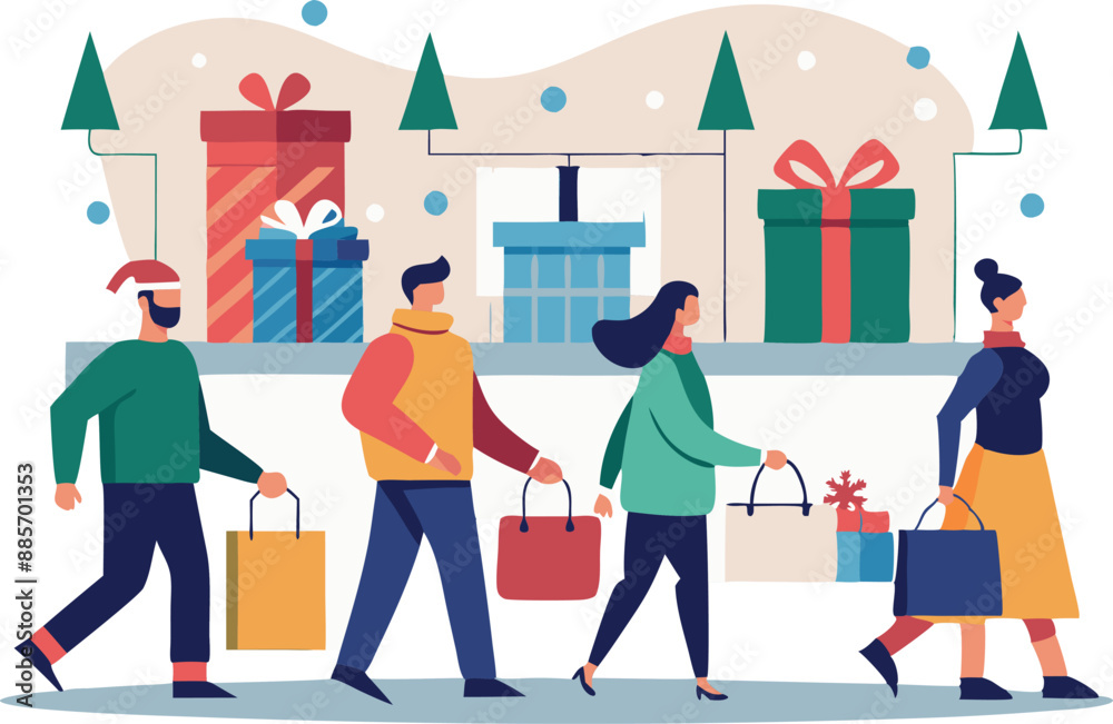 Illustration of people doing Christmas shopping, walking with gift bags near large decorated presents. Festive holiday season theme. Illustration of people doing Christmas shopping, walking with gift bags near large decorated presents. Festive holiday season theme.