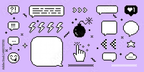 Empty pixelated speech bubbles. Pixels bomb. Lightning. Set of boom bam pixel art elements. UI. Y2k trendy stickers. Mood of 90's aesthetics. 8-bit retro style vector illustration. Neon background