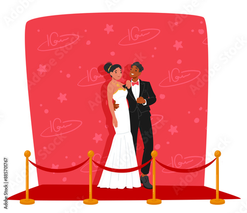 Elegant Couple Characters Posing Together On A Red Carpet, Dressed In Formal Attire With A Star-filled Backdrop