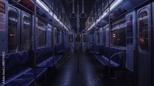 Empty Subway Car at Night with Dim Lighting and Serene Atmosphere for Poster Design or Urban Scene