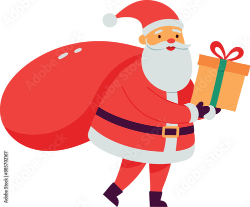 Illustration of cheerful Santa Claus carrying a large sack of gifts and holding a wrapped present. Perfect for Christmas celebrations and holiday-themed designs.