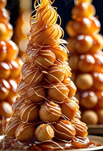 elegant croquembouche adorned delicate caramel threads, dessert, sweet, pastry, french, confection, tower, decoration, culinary, art, gourmet, celebration, photo