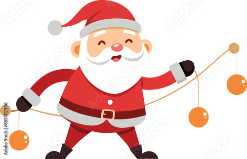 Cheerful cartoon Santa Claus holding Christmas ornaments, spreading holiday joy with a big smile. Festive illustration perfect for holiday greetings and decorations.
