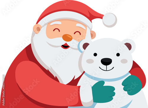 Santa Claus hugging a happy polar bear in a festive cartoon illustration, capturing the joyful Christmas spirit and warm holiday feelings.