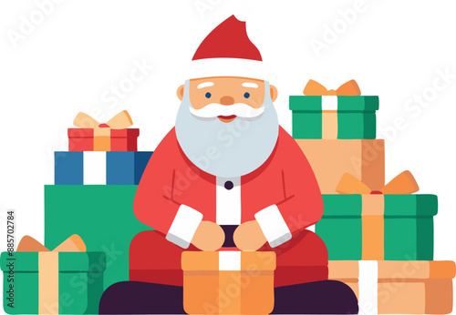 Santa Claus surrounded by various colorful Christmas presents. Illustration capturing holiday cheer and festive season spirit.