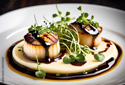 succulent seared scallops over smooth cauliflower puree, tender, creamy, gourmet, delicate, fine, dining, exquisite, culinary, restaurant, appetizing