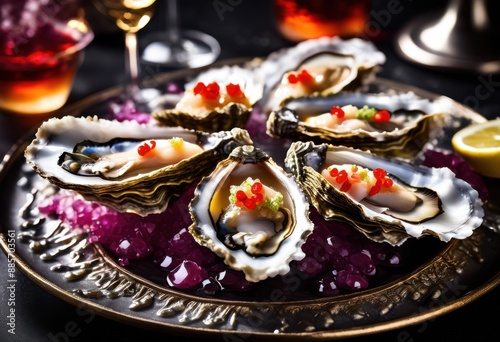 elegant oysters half shell mignonette perfect fine dining experience, seafood, appetizer, presentation, delicacy, shellfish, briny, plating, upscale, cuisine photo