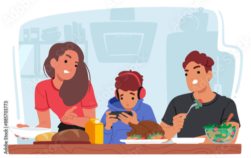 Family At The Table During Dinner, With Teenager Using A Phone. Vector Scene Depicts Modern Technology Use