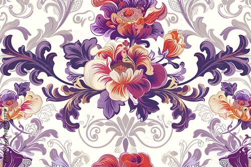 A detailed floral vector with intricate filigree, ornate patterns, and elegant, baroque-style blossoms in rich, jewel tones