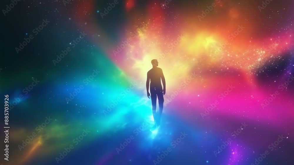 A silhouette of a person suspended in a colorful cosmic cloud, evoking a sense of mystery and wonder. The colors blend from yellows to blues, suggesting a transcendental experience in the vast
