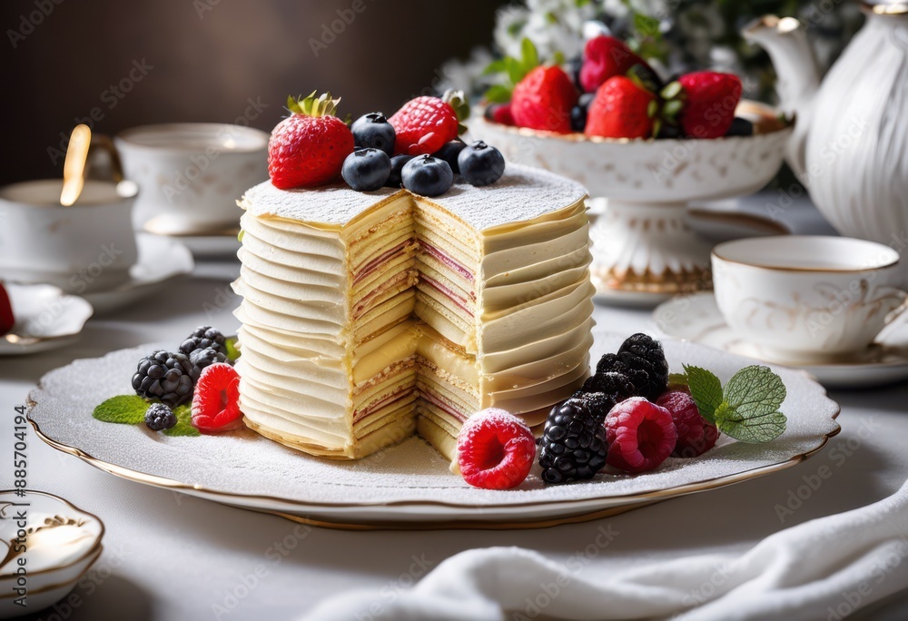 elegant mille crepe cake visible layers, dessert, patisserie, delicate, french, gourmet, sweet, vanilla, caramel, pastry, bakery, indulgent, artistic elegant mille crepe cake visible layers, dessert, patisserie, delicate, french, gourmet, sweet, vanilla, caramel, pastry, bakery, indulgent, artistic