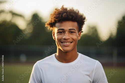 Smiling portrait of a male teenage African American on tennis court