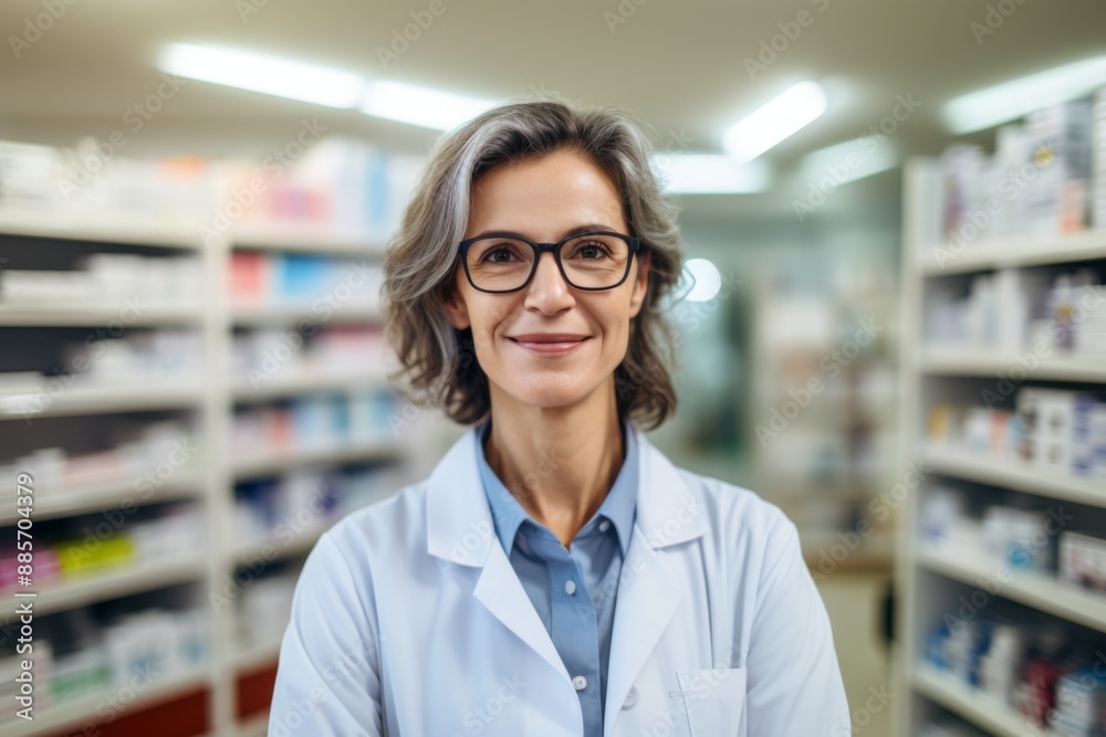 Smiling portrait of a middle aged female pharmacist in pharmacy Smiling portrait of a middle aged female pharmacist in pharmacy