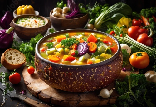 homemade rustic vegetable soup served delicious bread bowl, hearty, organic, comforting, tasty, artisanal, fresh, crusty, broth, wholesome, flavorful