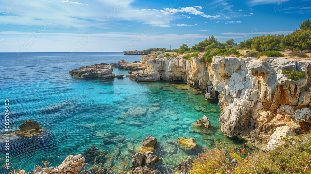 On a clear day, the Mediterranean coast reveals its rocky beauty. The stone formations create an interesting contrast with the blue water and sky.
On a clear day, the Mediterranean coast reveals its rocky beauty. The stone formations create an interesting contrast with the blue water and sky.