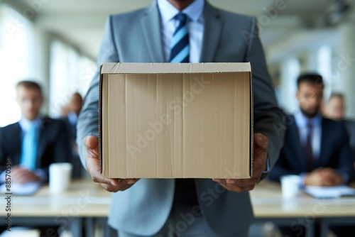 Close-up of a businessperson carrying a cardboard box during an office meeting symbolizing a layoff or job loss. photo