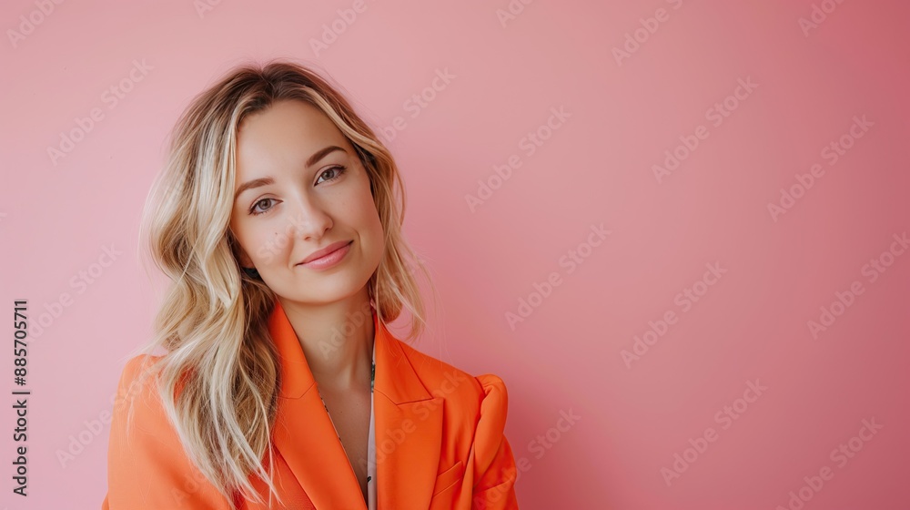 Confidently Radiant A Beautiful Blonde Woman in an Orange Blazer, Smiling and Looking into the Camera