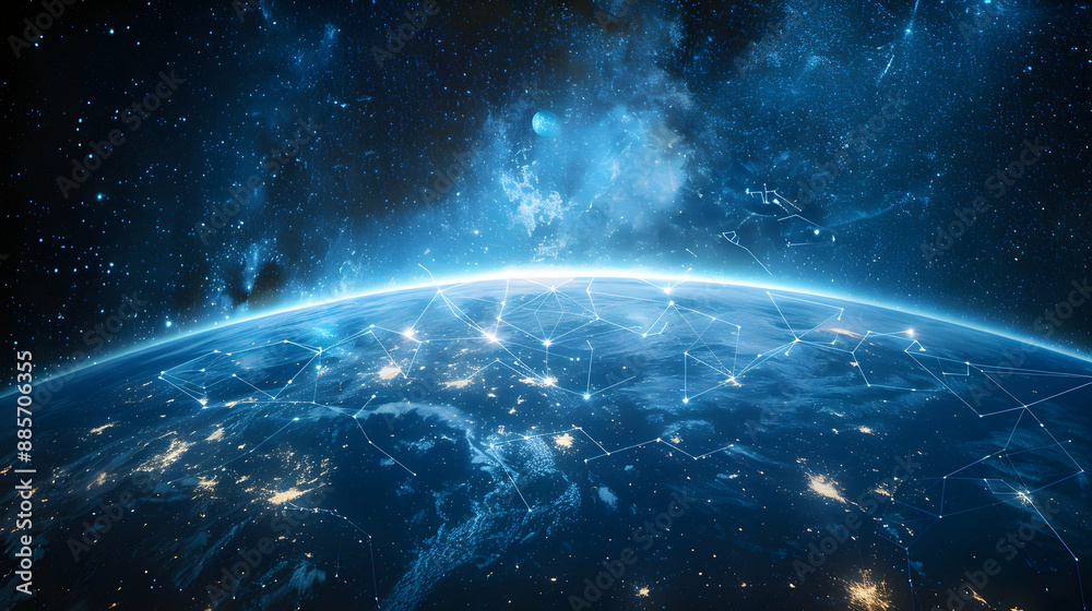 Obraz premium A futuristic solar planet with a massive satellite network orbiting around it