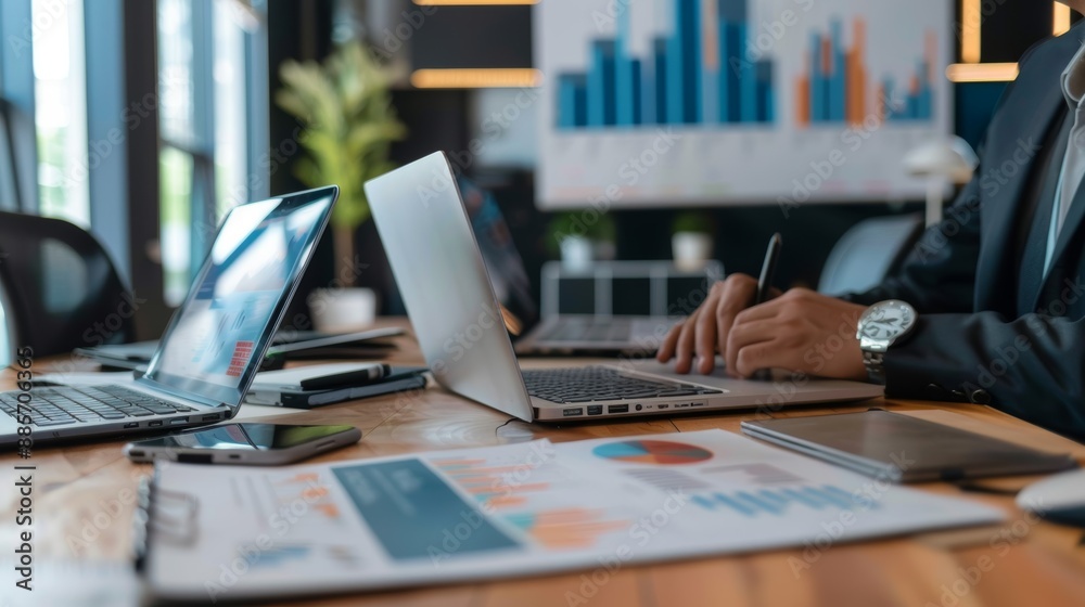 Business Professionals Analyzing Financial Forecasts in Open Office, Using Laptops and Documents Business Professionals Analyzing Financial Forecasts in Open Office, Using Laptops and Documents