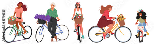 Women Riding Bicycles, Each Carrying A Basket Of Flowers. The Image Portrays A Sense Of Joy, Freedom, And Unity