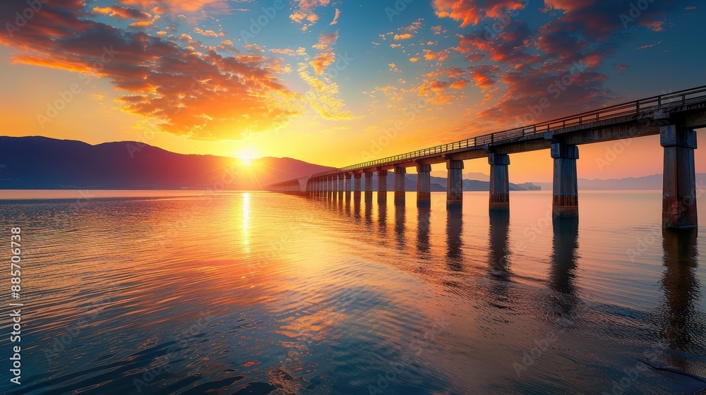 A stunning sunset over a serene lake, featuring a long bridge extending into the distance, with vibrant colors reflecting on the water. A stunning sunset over a serene lake, featuring a long bridge extending into the distance, with vibrant colors reflecting on the water.