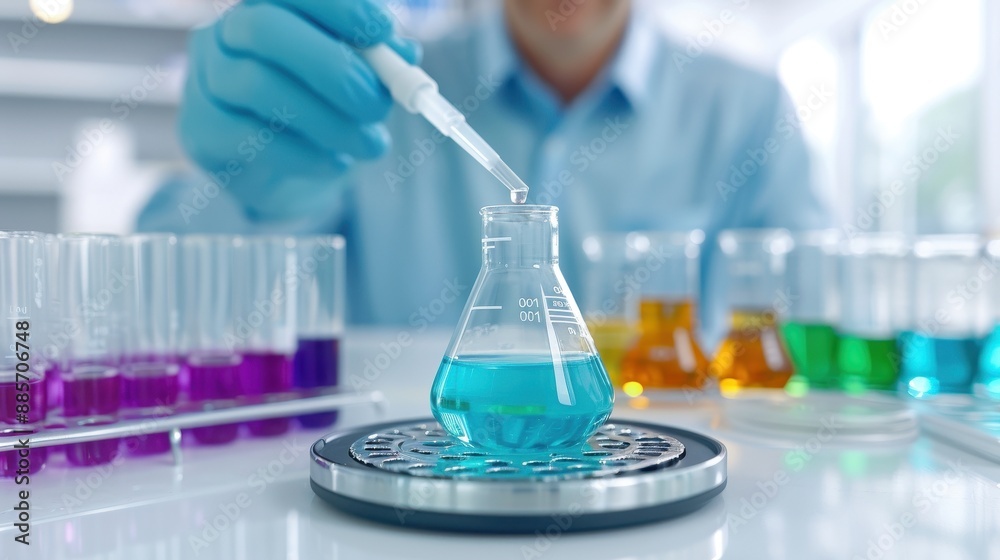A scientist in a lab uses a pipette to add liquid to a flask containing blue solution, surrounded by colorful test tubes.