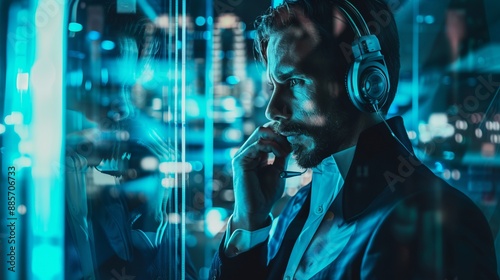 Wallpaper Mural A man in a suit focuses intensely while wearing headphones in a sleek, tech-filled environment, surrounded by reflections of blue lights and city skyscrapers. Torontodigital.ca
