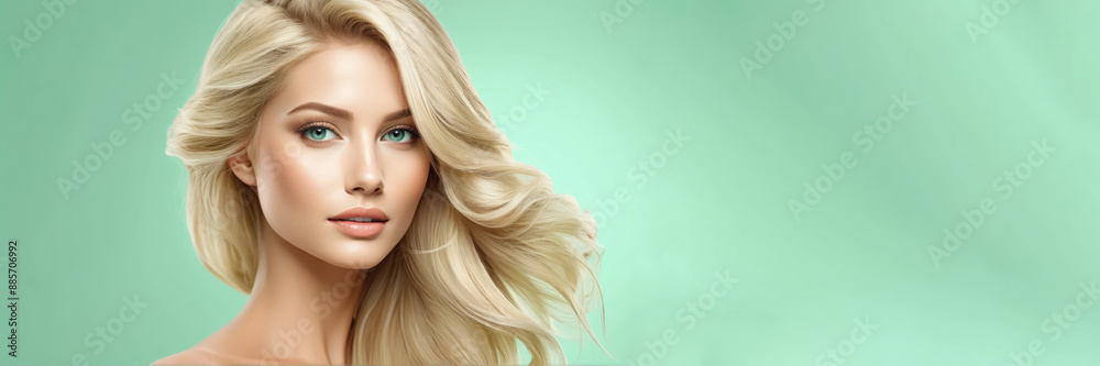 Flawless blonde with an elegant hairstyle of long hair on mint background with copy space. Flawless blonde with an elegant hairstyle of long hair on mint background with copy space.