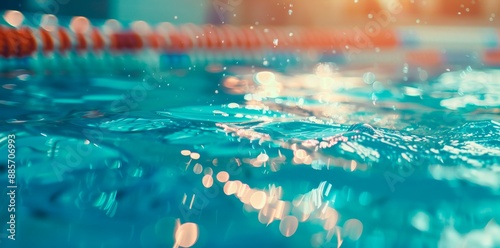  Beautiful blurred background of an indoor swimming pool with elements for advertising or text