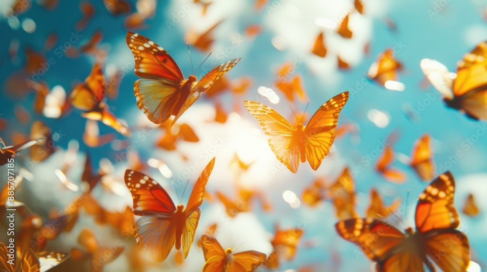 A cluster of vibrant orange butterflies soaring through the air, their delicate wings beating in unison A cluster of vibrant orange butterflies soaring through the air, their delicate wings beating in unison
