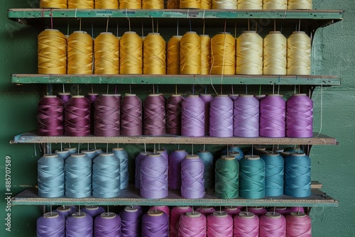 Colorful Threads on Shelves in Clothing Manufacturing Equipment for Fashion and Textile Design