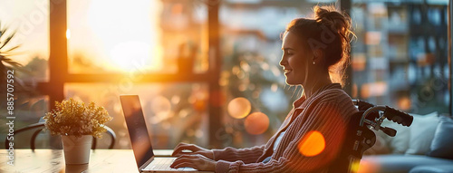 wide photo of cute woman in wheelchair using a laptop 