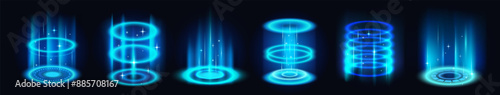 Realistic teleportation portal. Futuristic hologram with glowing energy circles of teleport. Magic blue aura of light and rays. Level up effect. Neon vector illustration isolated on black background