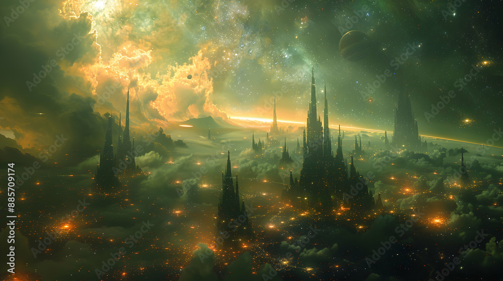 Obraz premium A futuristic solar planet with an interconnected network of floating cities