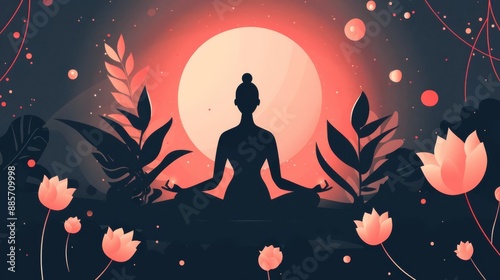 Enlightened meditation, spiritual tranquility, flat design illustration