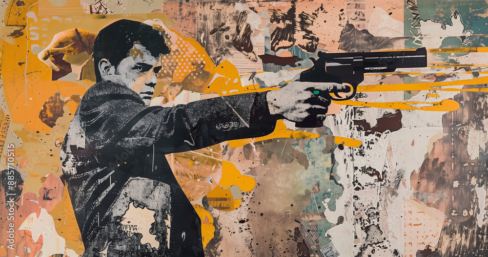 Fototapeta premium Young agent man in suit pointing a revolver - Gritty Pop art of protection, agents, security, violence