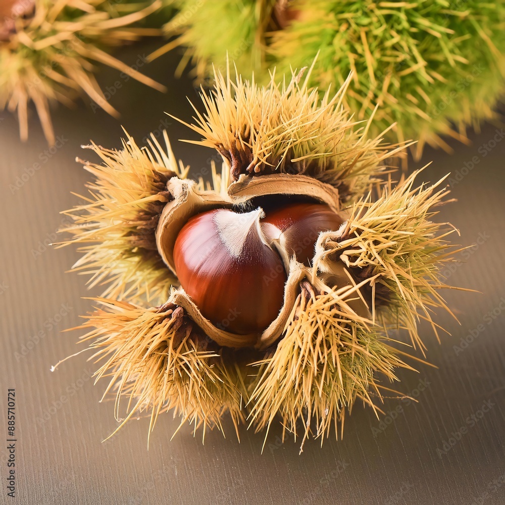 Sweet chestnut opening revealing its shiny shell and spiky casing Sweet chestnut opening revealing its shiny shell and spiky casing