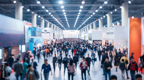 Blur image of a large group of people walking around a convention center, exhibition with many different stands. The background is blurred and there are lights on the ceiling